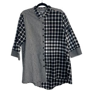 Habitat Black and White Checkered Button Tunic 3/4 Sleeve Asymmetric Hem Gingham